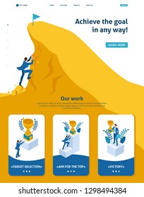 Isometric Website Template Landing page Build a career, businessman climbs the big Golden mountain, succeed. Adaptive 3D