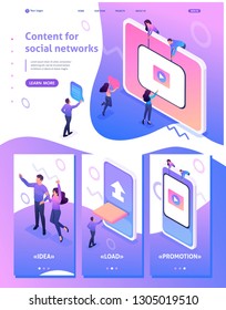 Isometric Website Template Landing page Content creation for social networks, video development and promotion. Adaptive 3D.