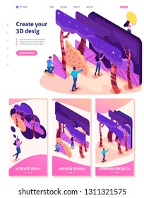 Isometric Website Template Landing page bright concept of a modern program for creating 3D illustrations. Adaptive 3D.