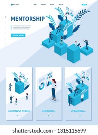 Isometric Website Template Landing page concept mentorship and its impact on business success. Adaptive 3D
