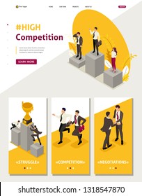 Isometric Website Template Landing page businessmen compete for the championship, leadership.