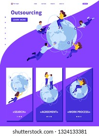 Isometric Website Template Landing page hiring remote workers for the project, cooperation through the Internet.
