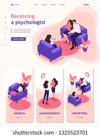 Isometric Website Template Landing page spouses at the reception of psychologist, conflict in the family.