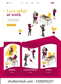 Isometric Website Template Landing page love affair at work, colleagues shocked love colleagues.