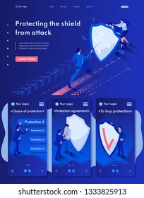 Isometric Website Template Landing page businessmen hiding behind a shield from attack.