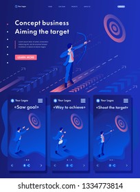 Isometric Website Template Landing page Businessman aiming at the target, Business concept.