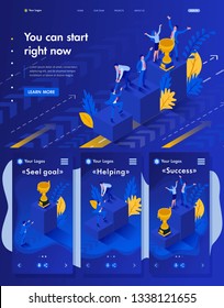 Isometric Website Template Landing page Start to grow and succeed right now, Business concept.
