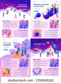 Isometric Website Template Landing page bright concept leadership, successful, solution, startup.