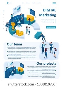 Isometric Website Template Landing page Businessmen make a report on digital marketing.