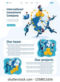 Isometric Website Template Landing page international investment company, businessmen fly around the world.
