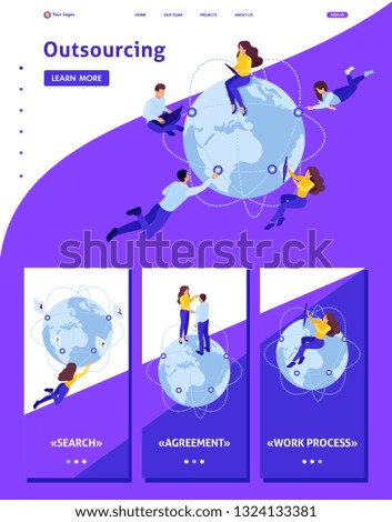 Isometric Website Template Landing page hiring remote workers for the project, cooperation through the Internet.