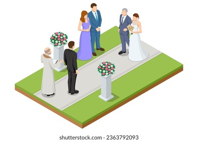 Isometric wedding arch decorated with flowers stands in the luxurious area of the wedding ceremony beautiful bride and groom in the wedding ceremony