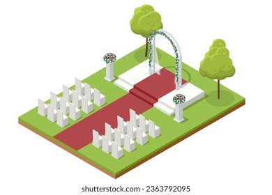 Isometric wedding arch decorated with flowers stands in the luxurious area of the wedding ceremony