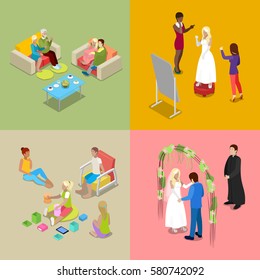 Isometric Wedding Ceremony with Bride and Groom. Vector illustration