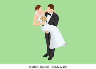 Isometric wedding couple. Lovely married couple embracing and looking at each other. Marriage and family relations. Wedding ceremony.