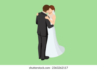 Isometric wedding couple. Lovely married couple embracing and looking at each other. Marriage and family relations. Wedding ceremony.