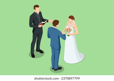 Isometric wedding couple and the priest are standing outdoors. The priest reads the text from the Bible. The wedding ceremony