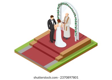 Isometric wedding couple and the priest are standing outdoors. The priest reads the text from the Bible. The wedding ceremony