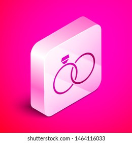 Isometric Wedding rings icon isolated on pink background. Bride and groom jewelery sign. Marriage icon. Diamond ring icon. Silver square button. Vector Illustration