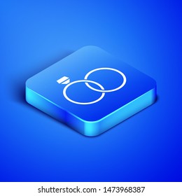 Isometric Wedding rings icon isolated on blue background. Bride and groom jewelery sign. Marriage icon. Diamond ring icon. Blue square button. Vector Illustration