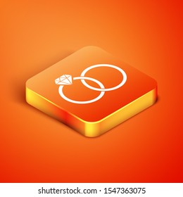 Isometric Wedding rings icon isolated on orange background. Bride and groom jewelery sign. Marriage icon. Diamond ring.  Vector Illustration