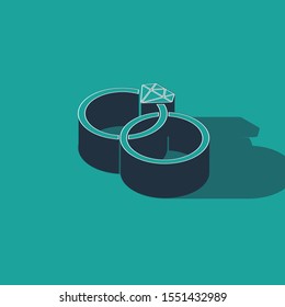 Isometric Wedding rings icon isolated on green background. Bride and groom jewelery sign. Marriage icon. Diamond ring.  Vector Illustration