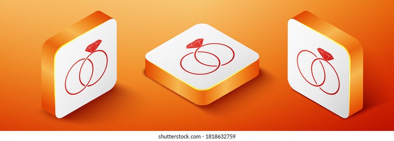 Isometric Wedding rings icon isolated on orange background. Bride and groom jewelery sign. Marriage icon. Diamond ring icon. Orange square button. Vector.