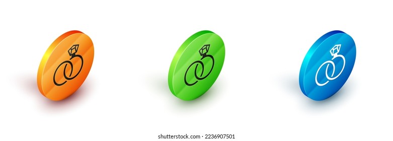 Isometric Wedding anillos icono aislados en fondo blanco. Cartel de joyería de novias y novios. Símbolo del matrimonio. Anillo de diamantes. Botón Círculo. Vector