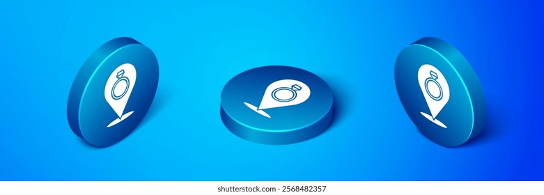 Isometric Wedding rings icon isolated on blue background. Bride and groom jewelry sign. Marriage symbol. Diamond ring. Blue circle button. Vector