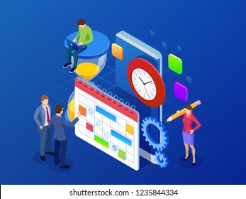 Isometric weekly schedule and calendar planner organization management. Online app business workflow, time management, planning, task app, teamwork and meeting. Vector illustration