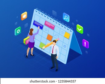 Isometric weekly schedule and calendar planner organization management. Online business workflow, time management, planning, task app, teamwork and meeting. Vector illustration