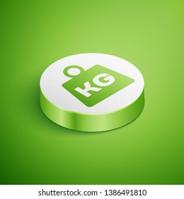 Isometric Weight icon isolated on green background. Kilogram weight block for weight lifting and scale. Mass symbol. White circle button. Vector Illustration