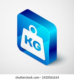 Isometric Weight icon isolated on white background. Kilogram weight block for weight lifting and scale. Mass symbol. Blue square button. Vector Illustration