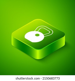 Isometric Weight icon isolated on green background. Kilogram weight block for weight lifting and scale. Mass symbol. Green square button. Vector