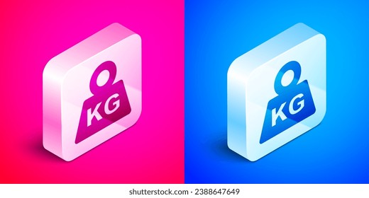 Isometric Weight icon isolated on pink and blue background. Kilogram weight block for weight lifting and scale. Mass symbol. Silver square button. Vector