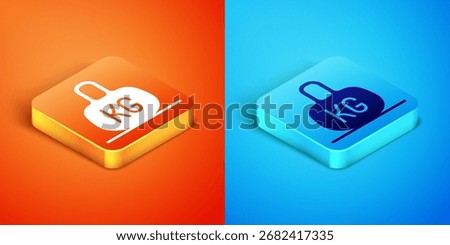 Isometric Weight icon isolated on orange and blue background. Kilogram weight block for weight lifting and scale. Mass symbol.  Vector