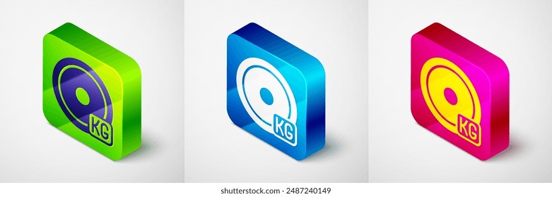 Icono de placa de peso isométrico aislado sobre fondo gris. Equipamiento para el culturismo deportivo, ejercicio y fitness. Botón cuadrado. Vector