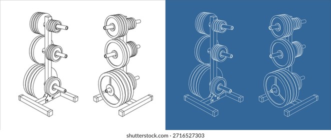  Dibujo técnico de la placa de peso isométrico para Dumbbell y Barbell Wireframe