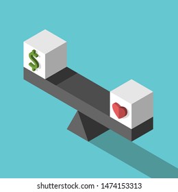 Isometric Weight Scale And Cubes With Dollar Sign And Heart Shape On Turquoise Blue. Work Life Balance, Health And Family Concept. Flat Design. EPS 8 Vector Illustration, No Transparency, No Gradients