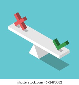 Isometric weight scales weighing red cross and green check mark. Yes and no, choice, decision and uncertainty concept. Flat design. EPS 8 vector illustration, no transparency, no gradients