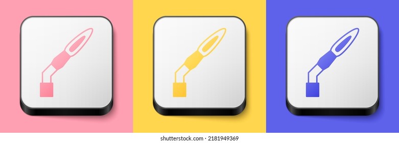 Isometrisches Fackelsymbol einzeln auf rosafarbenem, gelbem und blauem Hintergrund. Knopf Quadrat. Vektorgrafik