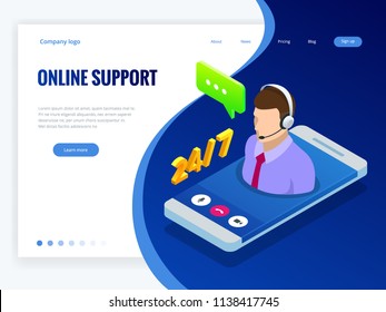 Isometric Wen Banner With Online Supportconcept. Support Service Help Assistance Guidance. Call Center Agent Browsing. Flat Male Support And Client Service Staff Worker.