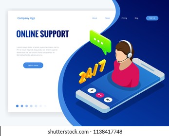 Isometric wen banner with Online supportconcept. Support service help assistance guidance. Call center agent browsing. Flat female support and client service staff worker.