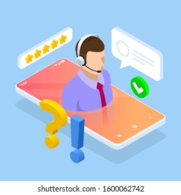 Isometric wen banner with Online supportconcept. Support service help assistance guidance. Call center agent browsing.