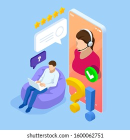 Isometric wen banner with Online supportconcept. Support service help assistance guidance. Call center agent browsing.