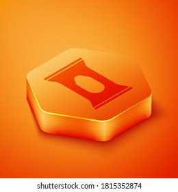 Isometric Wet wipe pack icon isolated on orange background. Orange hexagon button. Vector