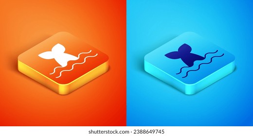 Isometric Whale tail in ocean wave icon isolated on orange and blue background.  Vector