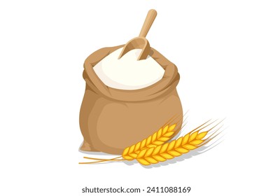 Isometric wheat flour in sack and spikelets isolated on white. Healthy eating and dieting food. Flour contains gluten