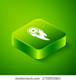 Rueda isométrica en icono de llama de fuego aislado sobre fondo verde. Rueda ardiente. Botón cuadrado verde. Vector