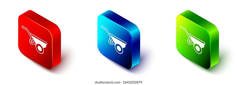Isometric Wheelbarrow with dirt icon isolated on white background. Tool equipment. Agriculture cart wheel farm. Red, blue and green square button. Vector